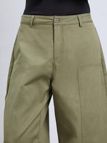 COUREZ Low Rise Medium Balloon Trousers With Seaming Detail / Y2K Casual Baggy Pants For Women Streetwear Autumn Outfits Fall Clothes Comfy 100Cotton Olive - Army Green - View 7