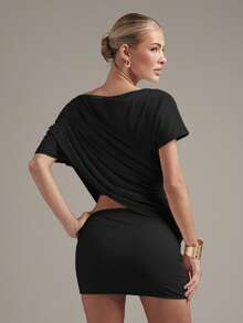 Hauture Women's Sexy Asym Tee Shirt Skirt Co-Ord Matching Set Sexy Office Wear - Black - View 3