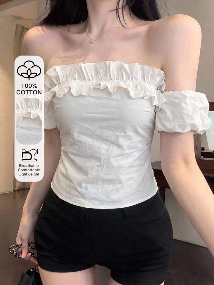 Spring & Summer Sexy Music Festival Off-Shoulder Ruffle Patchwork Casual Vacation Street Lover's Day Wedding Party Fitted Elegant Ruffle Patchwork Short Sleeve Blouse For Women