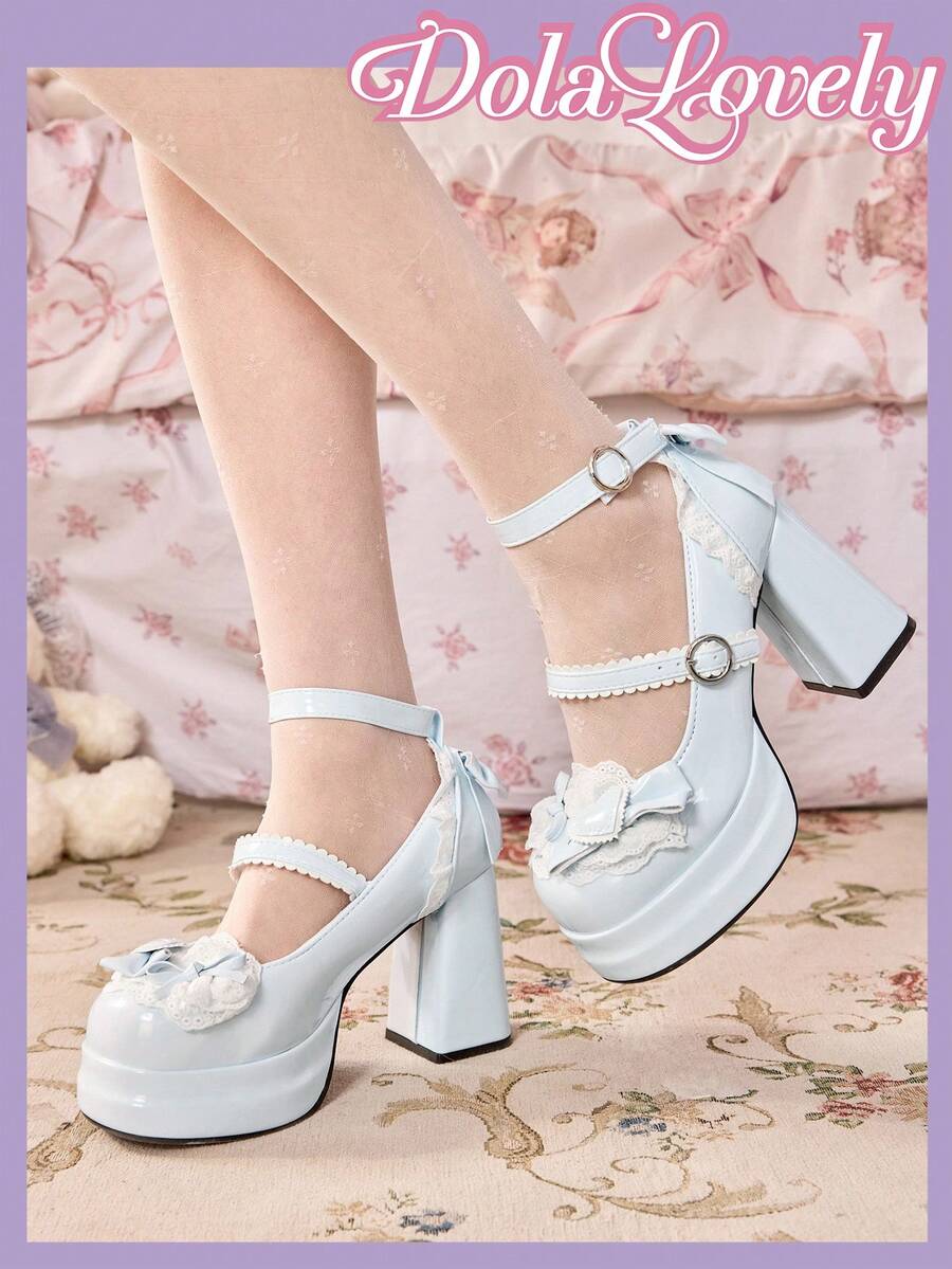 Dola Lovely 女鞋 藍色高跟瑪麗珍鞋 封口鞋頭 厚底鞋 Lolita 哥德風 蝴蝶結 甜美 JK 鞋 - 藍色+花邊 - 查看 1
