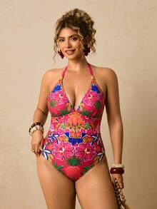 Travachic Traje de baño de una pieza con estampado floral colorido, escote halter en V, para mujer talla grande, ideal para vacaciones en la playa tropical - Multicolor - Ver 4