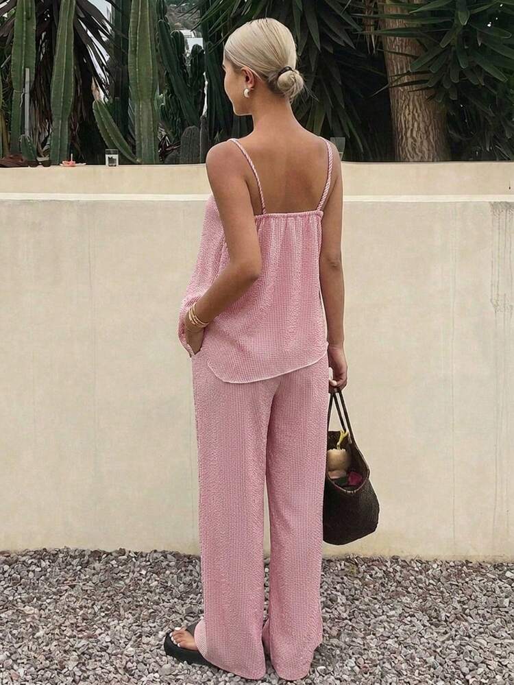 2pcs Vacation Casual Solid Color Camisole & Pants Set
