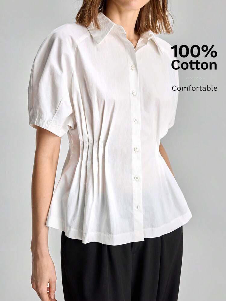 Women's Solid Color Raglan Short Petal Sleeve Single-Breasted Shirt All-Season Versatile Modern Urban Fashion Business Casual Women's Wear Office Attire Understated Old-Money Style, Elegant And Sophisticated, High-Quality Commuter And Airport Clothes Bohemian Style Vacation Outfits Seaside Women's Clothing, Country Music Concert Style, Western Style Clothing, Nomadic Casual Fashion Boho High-End, Elegant, Old-Fashioned Cruise Attire For Wedding Guests