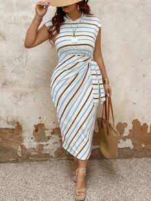 EMERY ROSE Plus Size Striped Color Block Vacation Casual Dress With Cinched Waist Belt Maxi Women Outfit - Multicolor - View 4