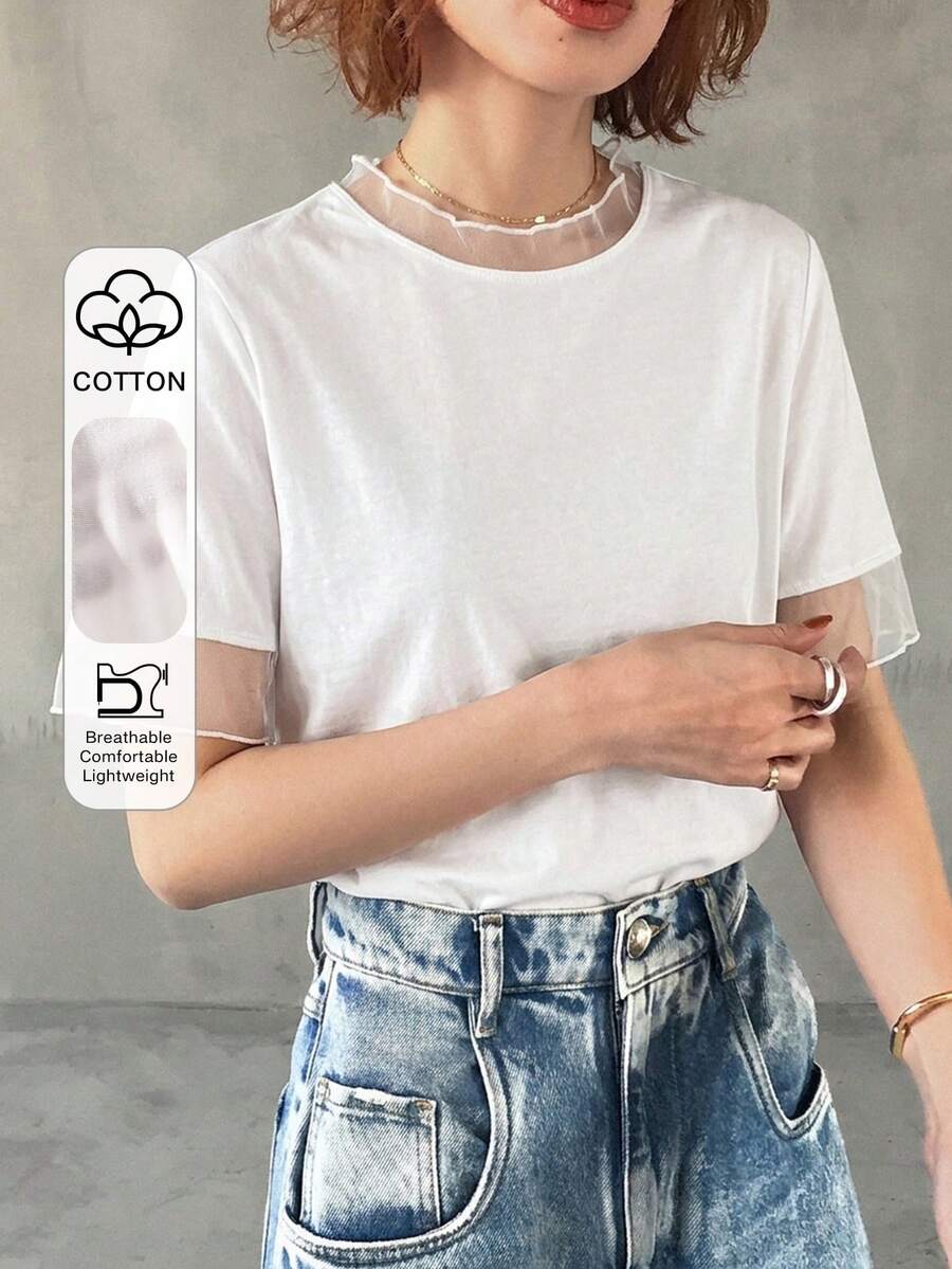 FRIFUL Women's Casual Loose Sheer Mesh See-Through Solid Color T-Shirt, Versatile For Spring And Summer - White - View 1