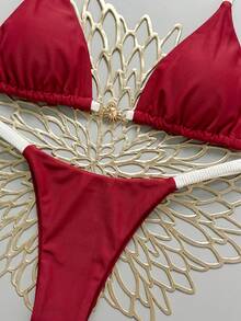 Swim Mod Bikini de dos piezas con cuello en V, espalda descubierta y decoración metálica en unicolor en forma de triángulo, tanga sexy para mujer, primavera/verano - Rojo - Ver 6