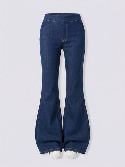 Jeans de pierna ancha con cintura elástica para adolescentes, pantalones vaqueros cómodos y casuales de campana, adecuados para yoga