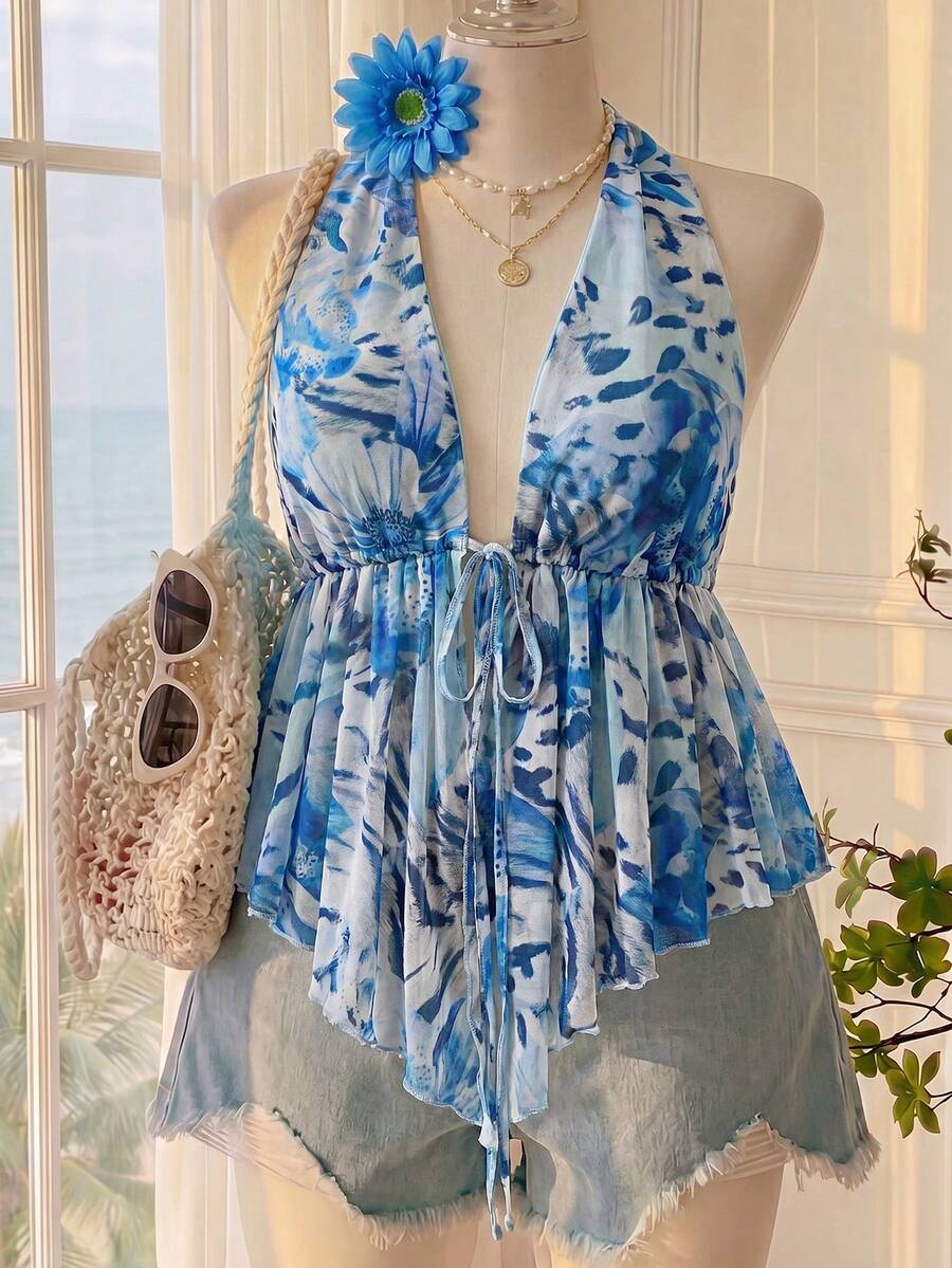 Comfortcana Plus Size Women Brown Halter Neck Tie Ruffle Hem Blouse, Spring/Summer Holiday Beach Gym Vacation Party Boho - Blue - View 1
