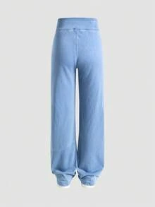 SHEIN 女童/青少年休闲基础款舒适瑜伽健身蓝色针织弹力修身喇叭直筒阔腿牛仔裤，柔软舒适，适合日常穿着，春、夏、秋、冬四季皆宜，适合跑步、慢跑、瑜伽、跳舞等运动。 - 藍色 - 查看 2