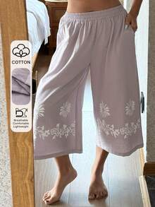 DAZY Bas de pyjama capri à jambes larges avec imprimé rétro pour femmes, convient pour les vacances à la plage - Mauve - Voir 1