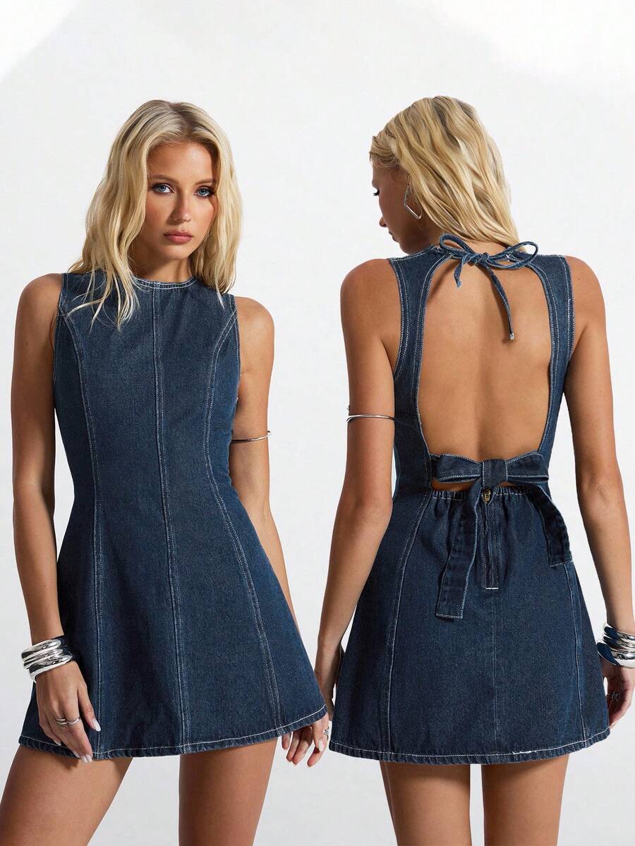 Jeanoix Đầm denim nữ kiểu dáng thường ngày, buộc dây, hở lưng, thích hợp cho mùa hè. - Rửa trung bình - Xem 1