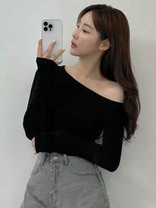 DAZY Solid Asymmetrical Neck Tee Long Sleeve Women Tops - Black - View 3