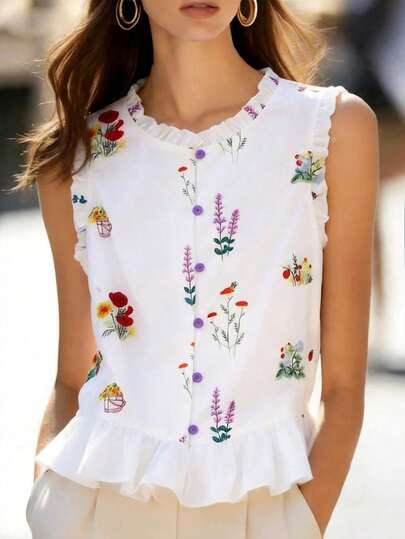 GlowEve Petite Spring/Summer New Arrival Ditsy Floral Ruffled Hem Blouse, Unique & Elegant Sleeveless Tank Top