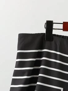 Formidée Plus Size Black & White Striped A-Line Skirt, Summer Fall - Black - View 6