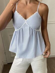 DAZY Blue And White Stripe Contrast Lace Trim Waist Flared Hem Casual Tropical Vacation Summer Tank Top For Women Vacation - Blue - View 3