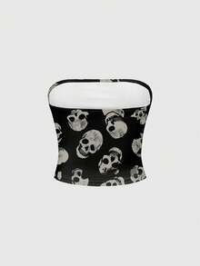 ROMWE Áo croptop đen rách rưới phong cách Gothic ma quỷ kinh dị cổ điển dành cho nữ - màu đen - Xem 2