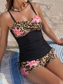 Swim Lushoire 2pcs Women Solid Color Patchwork Leopard Print Side Drawstring Top And Leopard Print Bikini Bottom Swimwear Set - Multicolor - View 1