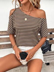 SHEIN Clasi Women's Fashionable Versatile Striped Asymmetric Neck T-Shirt, Suitable For Daily Wear - Coffee Brown - View 5