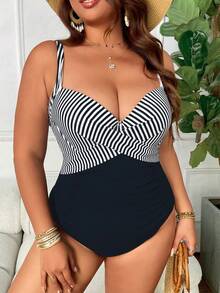 Swim Lushoire Plus Size Women One-Piece Ribbed Underwire Padded Cross-Front Ruched Regular Leg Openings Simple Swimsuit - Multicolor - View 5