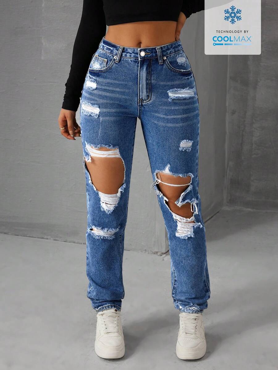 SHEIN EZwear 女士休闲日常穿着做旧口袋纽扣设计牛仔裤 - 中等水洗藍 - 查看 1
