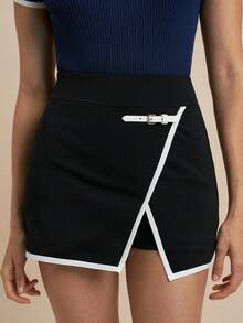 Nima Coro Women's Summer Black And White Checkered Athleisure Golf Skirt Pants,Wide Waistband Asymmetric Hem PU Leather Buckle Bodycon Skort For Sports,Gym - Black - View 2