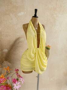 Soleia Đầm ngắn gợi cảm cổ yếm xếp ly sâu cổ chữ V dành cho nữ, thích hợp cho kỳ nghỉ. - Màu vàng - Xem 5