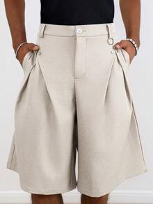 TOKVUE Pantalones cortos casuales plisados con remaches holgados para hombre, beige, estilo urbano de verano para escapada urbana, pantalones cortos versátiles de color caqui vintage y modestos para viajes, fiestas, vacaciones y festivales - Albaricoque - Ver 1