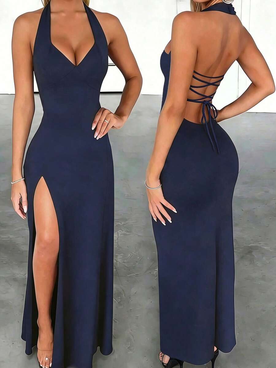 INAWLY Solva Gaun Maxi Wanita Model Halter Berkerah V Dalam Tanpa Punggung dengan Belahan Tinggi - Biru - View 1