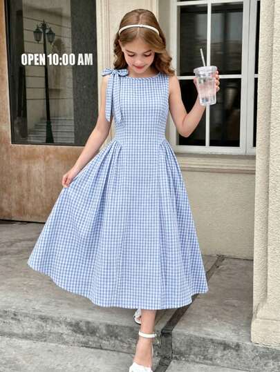 SHEIN Vestido azul a cuadros con decoración de tirantes con lazo para adolescentes, elegante y casual