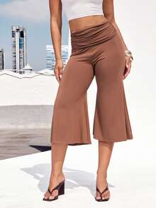 Denimoi Fold Over Waist Guacho Pants Solid Color Culottes Summer Vacation Outfits Y2K Fashionable - Brown - View 4