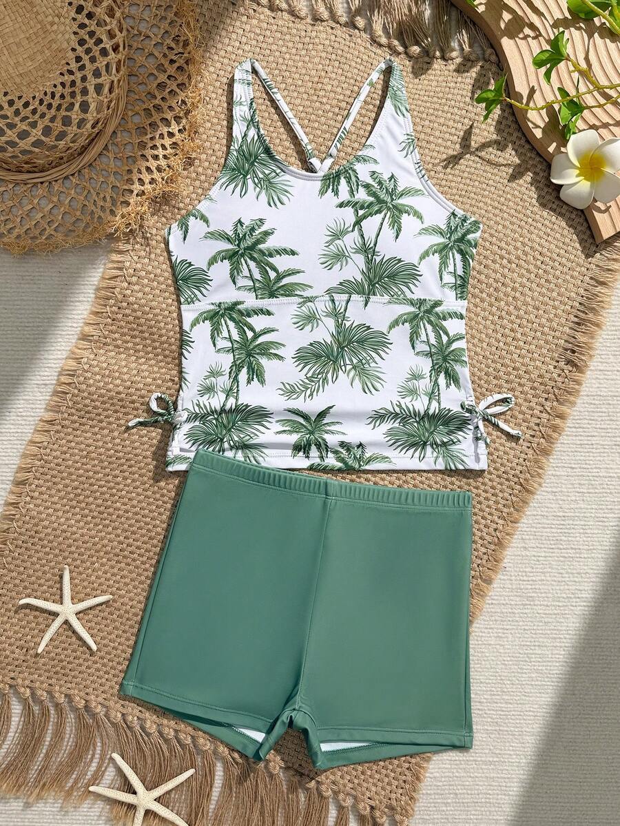 SHEIN Tween Girls' Casual Everyday Swimwear, Random Print Design Girls Rash Guard Swimsuits 2 Piece Bathing Suit UPF 50+ Summer Swimwear Size 8-14Y - Multicolor - View 1