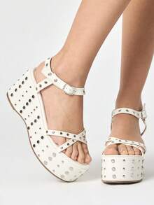 ROMWE Grunge Punk Ladies, Spike Buckles, Lame-Heeled Platform Sandals. - White - View 3