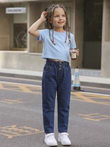 SHEIN Cô gái trẻ giản dị Boho Daily Dark Wash Bìa mềm có túi phẳng eo Quần jean mẹ - Rửa tối - Xem 7