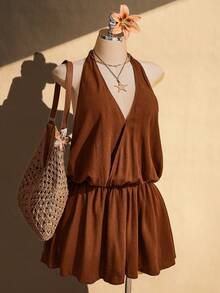 SHEIN ICON Vestido mini con escote en V cruzado y espalda descubierta en estilo A-line, vintage Y2K, vestido de vacaciones retro, vestido de playa, vestido de verano para tallas grandes - Marrón - View 4