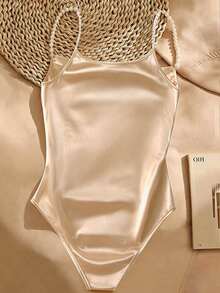 Franclia Women's Elegant Faux Pearl Decor Camisole Bodysuit, Summer - Champagne - View 2