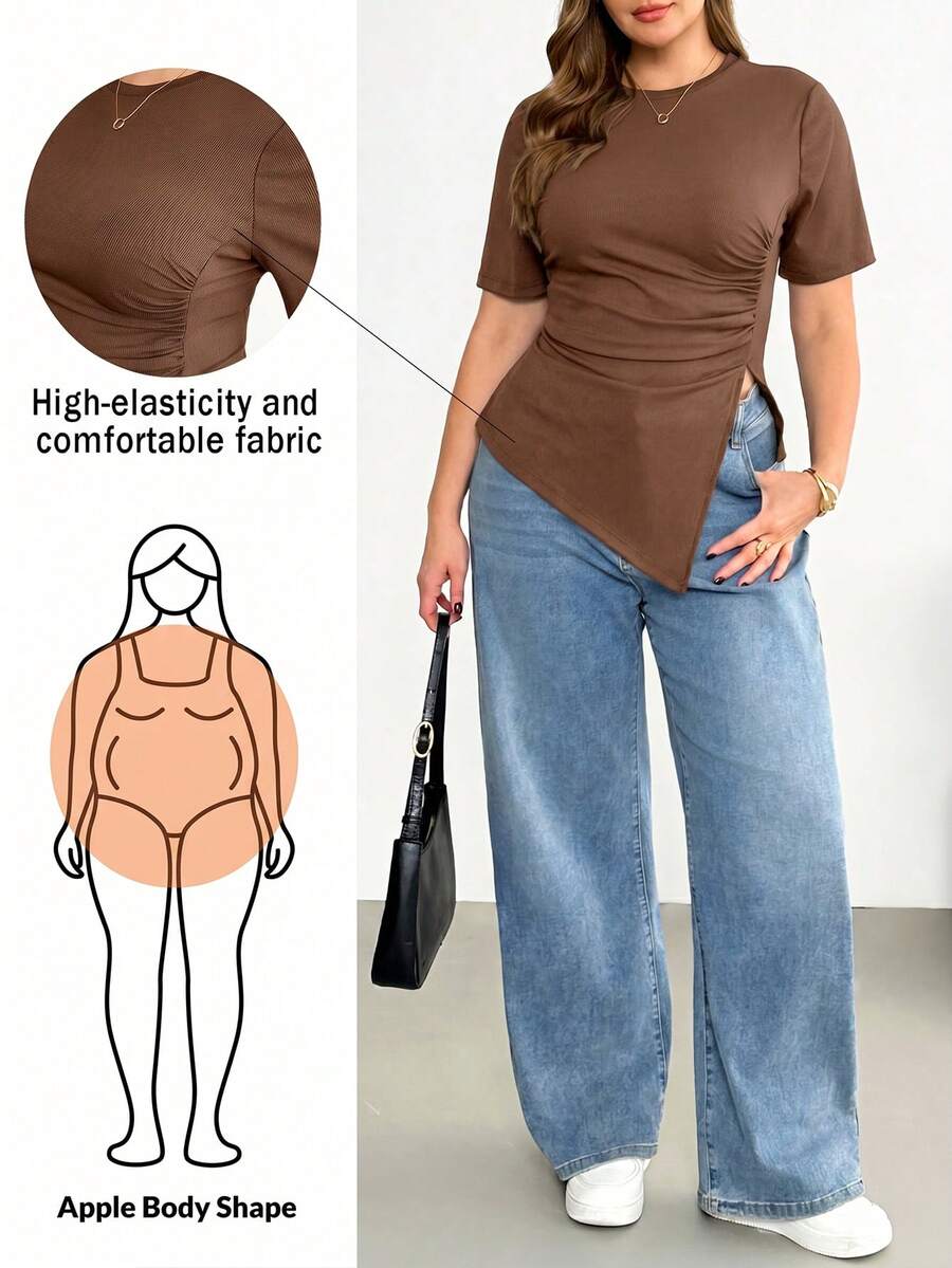 Shapeblank Plus-Size Women's Chocolate Brown Short Sleeve T-Shirt,Autumn Casual Everyday Stretchy Ruched Waist Irregular Hem Curve Tops, Tops - Mocha Brown - View 1