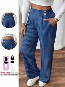 SHEIN PETITE CURVE 大码女士双扣直筒优雅通勤裤 - 藍白色 - 查看 1