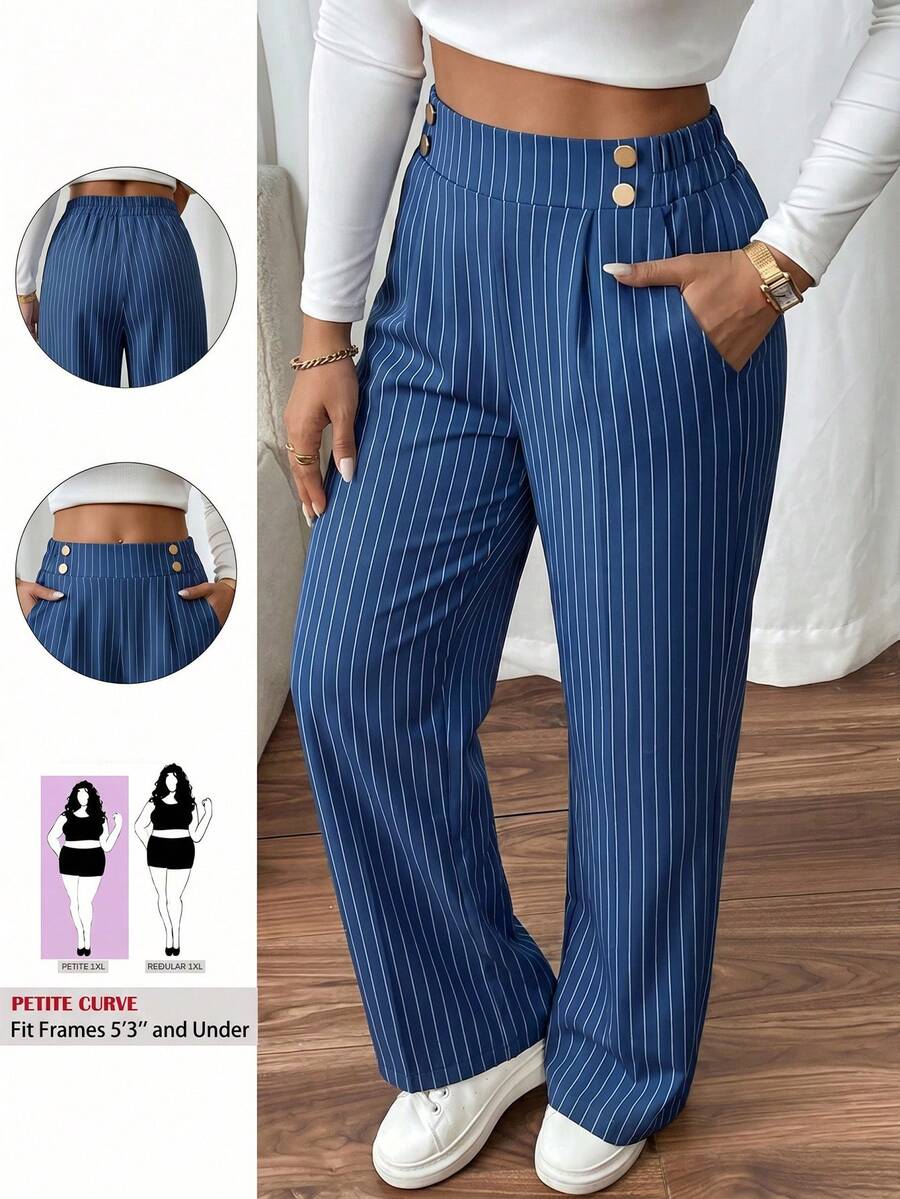 SHEIN PETITE CURVE 大码女士双扣直筒优雅通勤裤 - 藍白色 - 查看 1