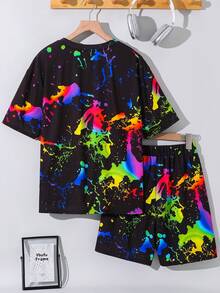 SHEIN 2件套青少年男童休闲简约扎染复古印花短袖圆领套装，夏季 - 彩色 - 查看 2