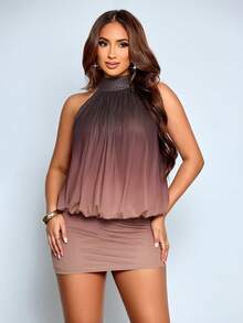 SOLERSUN Conjunto de dos piezas con parte superior de cuello halter con estampado de malla degradada y falda ajustado, conjunto de dos piezas con volantes fluidos, elegante y casual para uso diario, perfecto para noches de club, fiestas de noche y vacaciones - Café integral - Ver 8