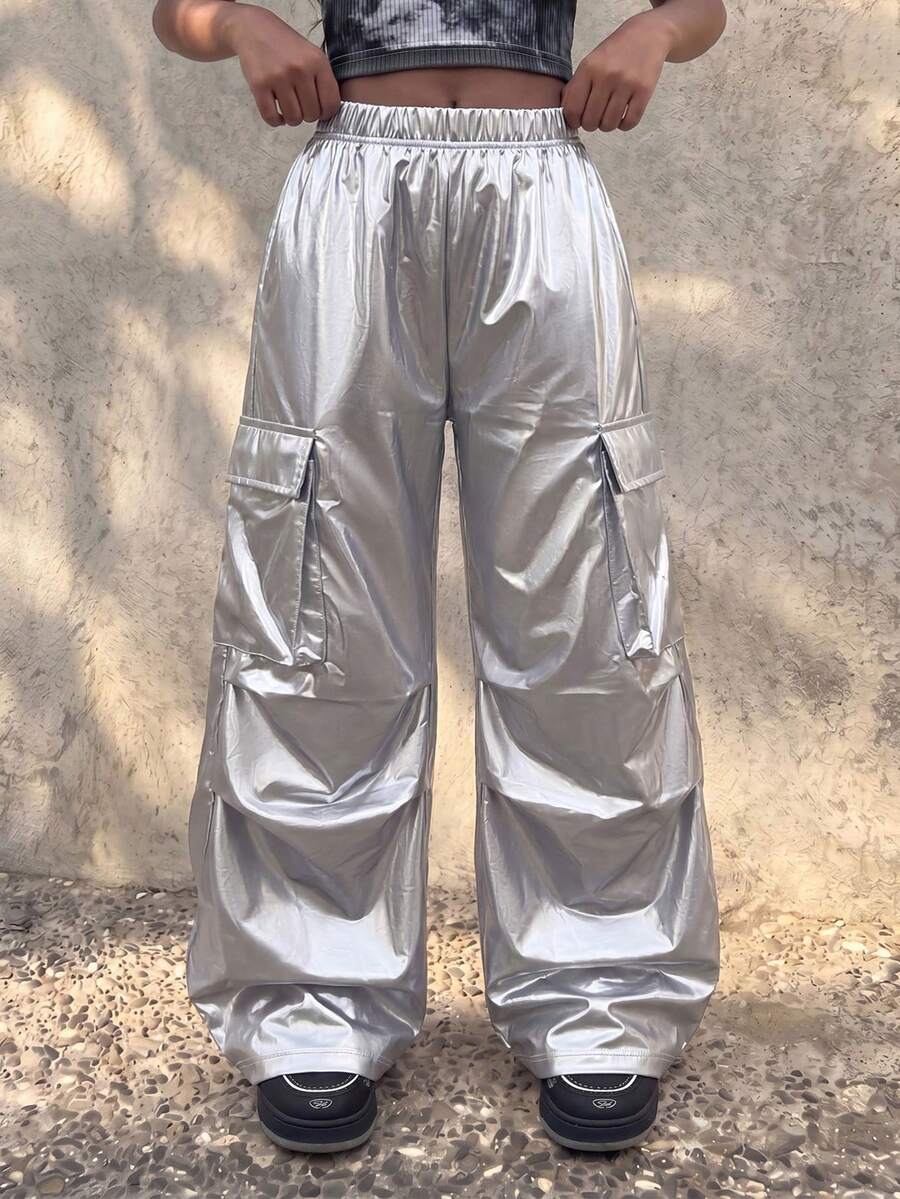 Coolane Kids 少女春夏粉色翻盖侧袋带缎带抽绳腰阔腿降落伞工装裤日常休闲舒适长裤 - 銀色 - 查看 1
