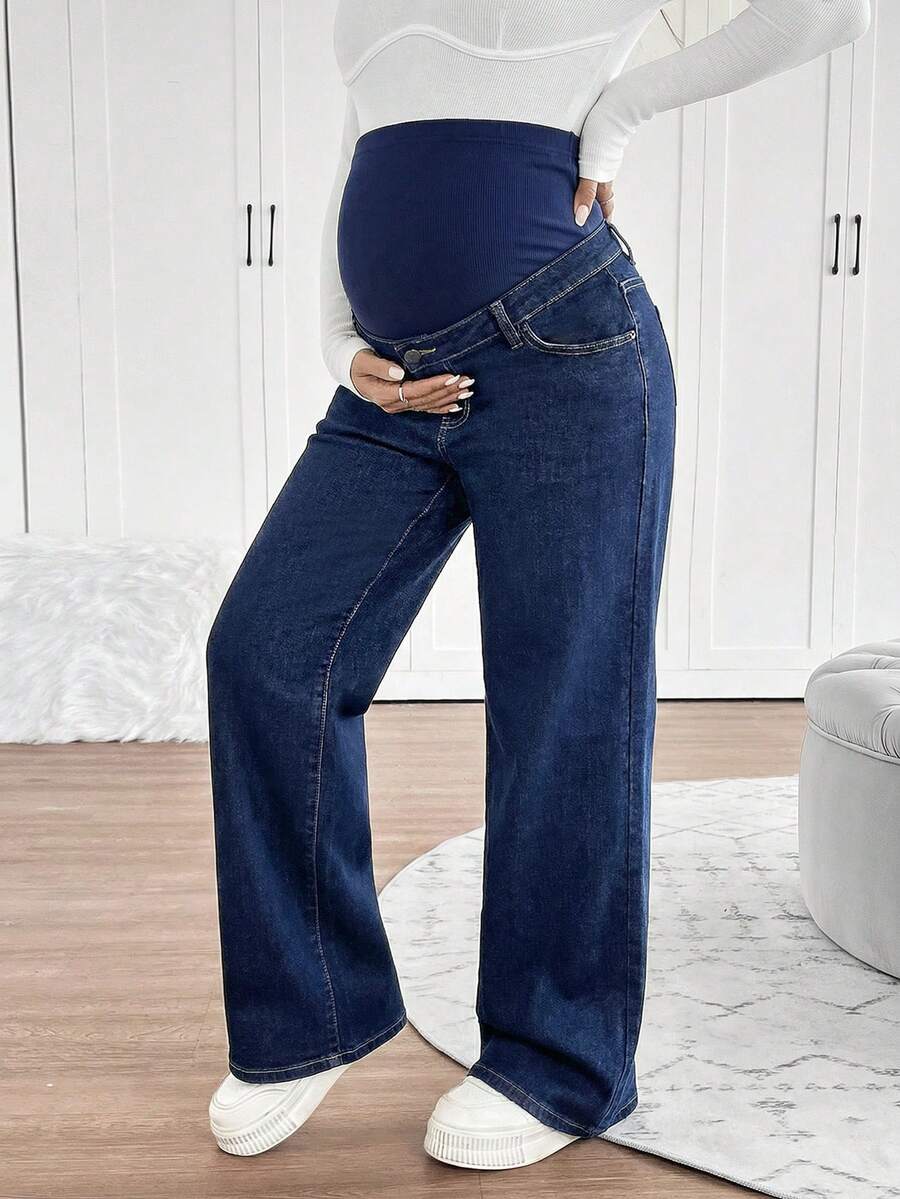SHEIN Pantalones vaqueros de pierna ancha con cintura elástica para uso diario y comodidad, con estilo casual, elegante y apropiado para diferentes ocasiones como carnaval, vacaciones, graduación, fiesta, boda, negocios y playa, para mujeres embarazadas - Azul - Ver 1