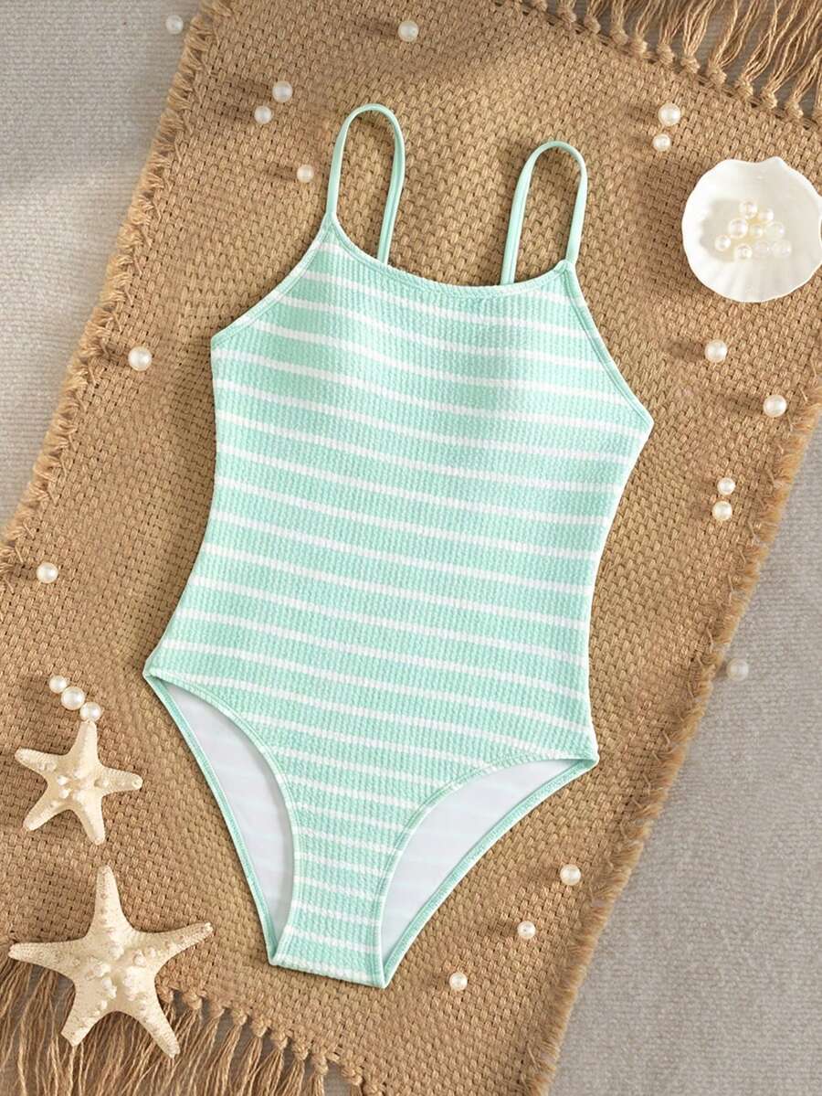 SHEIN 少女休闲条纹波浪针织连体泳衣，适合夏季度假、海滩、游泳池 - 薄荷綠 - 查看 1