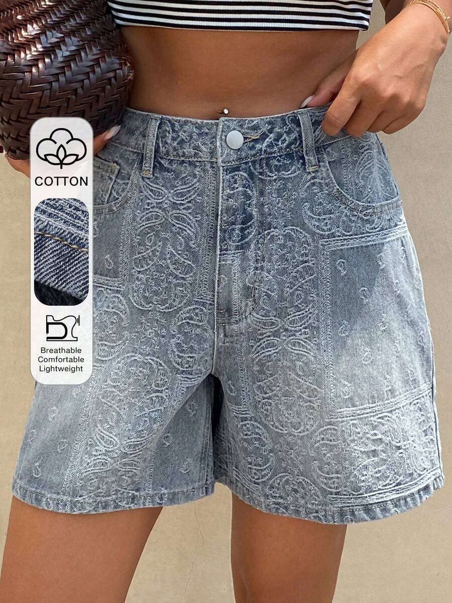 Livesso Shorts vaqueros de pierna recta con estampado floral vintage lavado para mujer, adecuados para primavera, verano, playa y estilo callejero - Lavado ligero - Ver 1
