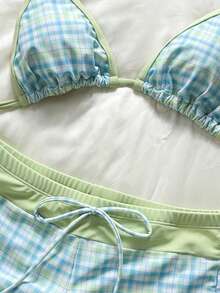 Swim Mod Women's Swimwear Bikini,Check Graphic Gingham Swimshorts,Blue,Summer,Cute,Retro Vintage,Pool Party,Holiday,Boho Vacation,Beach Outfits,Fourth Of July - Lime Green - View 6