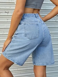 SHEIN 时尚印花蝴蝶结水钻水洗牛仔七分裤 - 淺色水洗藍 - 查看 2