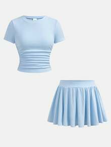 SHEIN Girlism 夏季少女修身T恤半裙套装（2件套），新款蓝色纯色短袖T恤搭配不透半裙，百搭实用，适合日常通勤、优雅派对、家庭聚会、毕业典礼、度假等场合。 - 淺藍色 - 查看 4