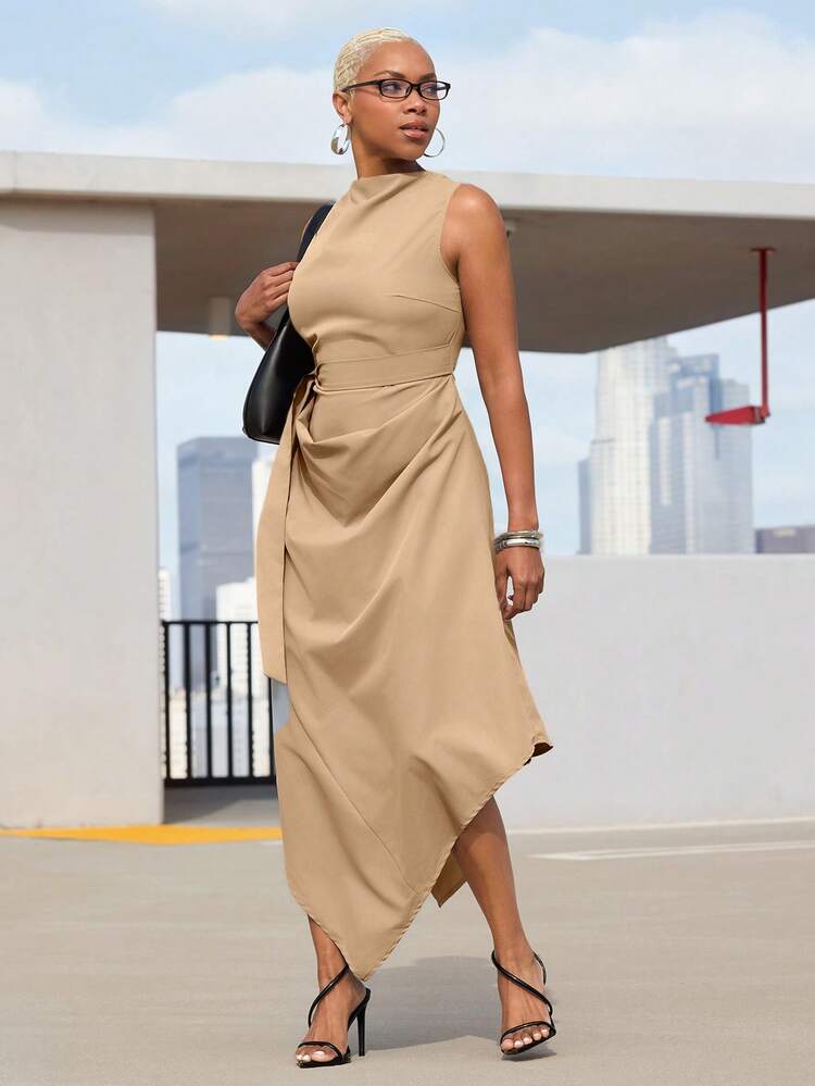 Vixey Woven Sleeveless Asymmetrical Hem Midi Dress | SHEIN