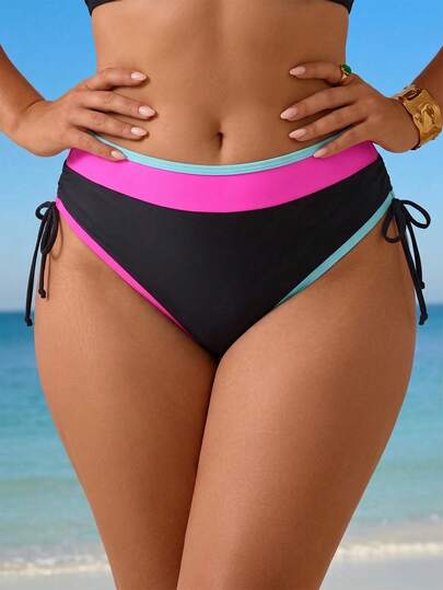 Swim Vcay Plus Size Women Summer Patchwork Colorful Side Drawstring Bikini Bottom