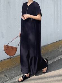 FRIFUL Vestido de verano casual de manga corta, suelto y de unicolor con cremallera de metal para mujeres, atuendo para vacaciones y graduación - Azul Marino - Ver 6